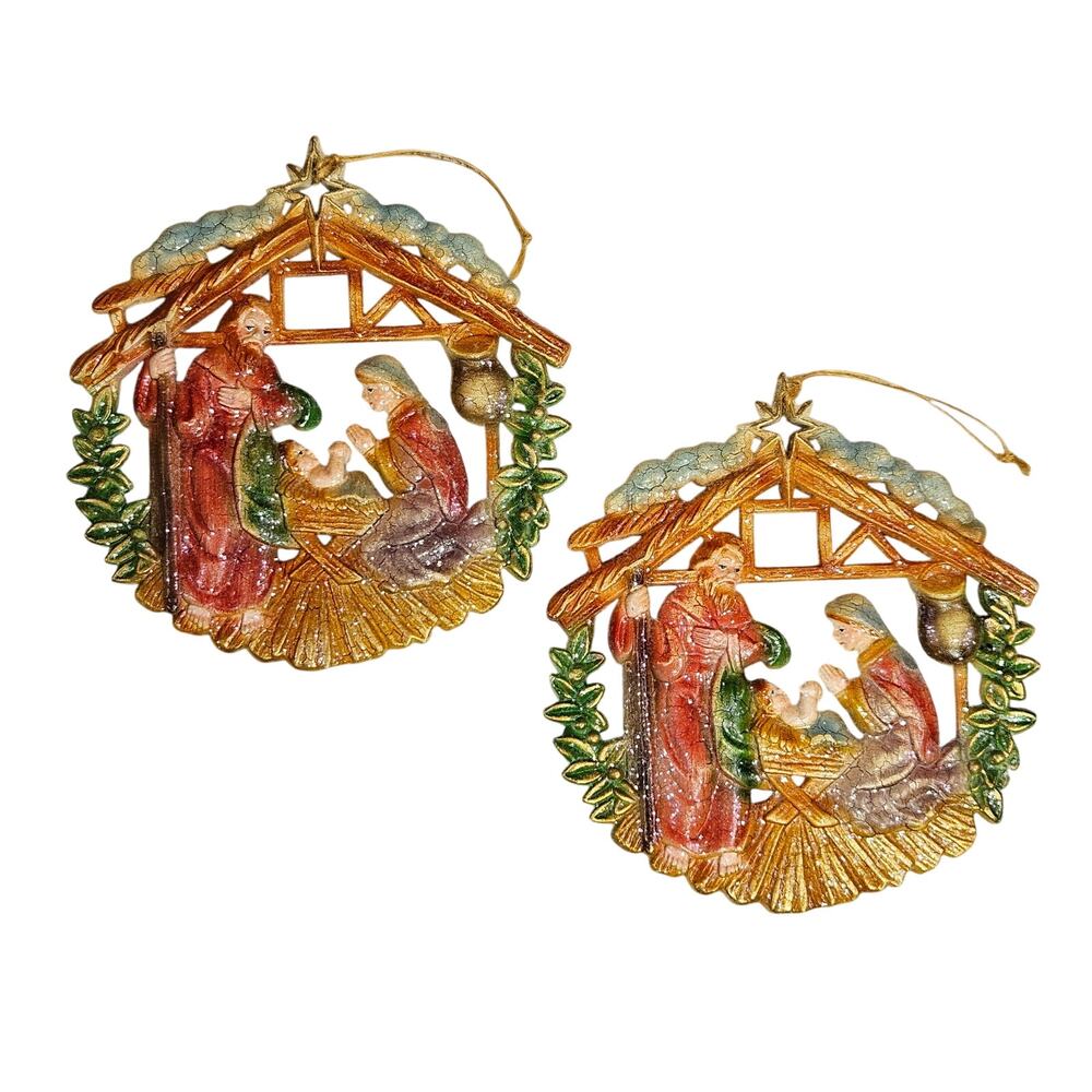 VTG 70s Christmas Tree Ornament Set of 2 Nativity Baby Jesus Mary Joseph Stable